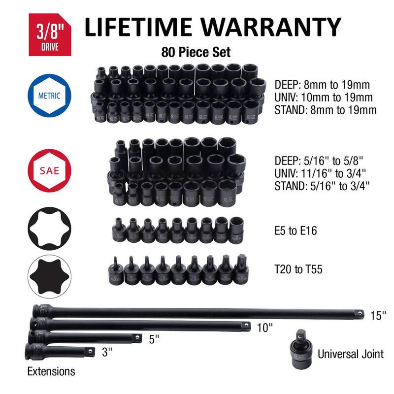 Juego de llaves de impacto maestras de unidad SAE y métricas de SUNEX TOOLS de 3/8 pulg. (80 piezas) - 3580