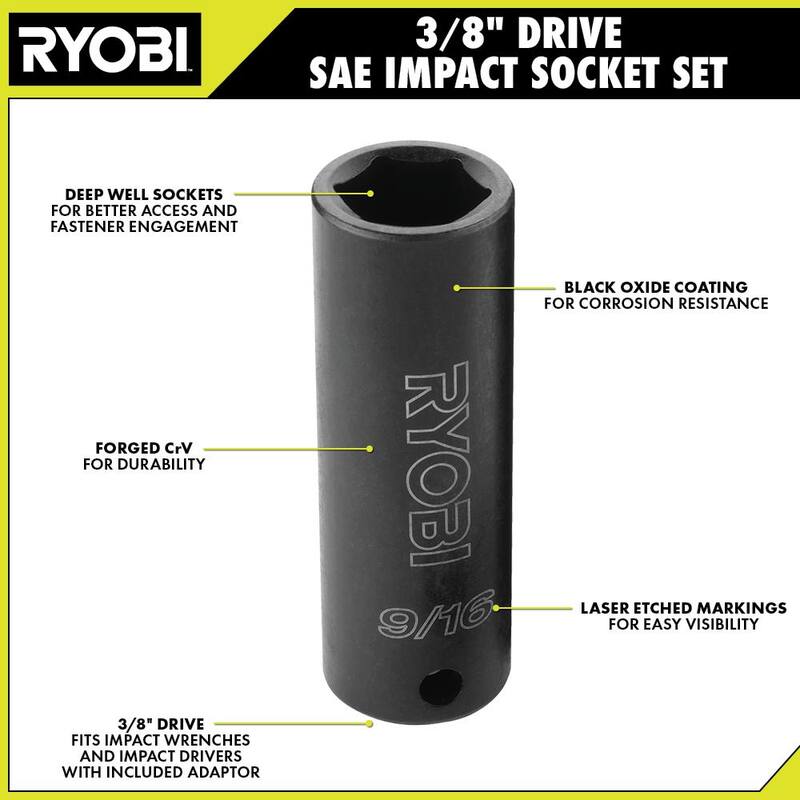 RYOBI Juego de 4 piezas de enchufes de impacto SAE de 3/8 de pulgada - A13401