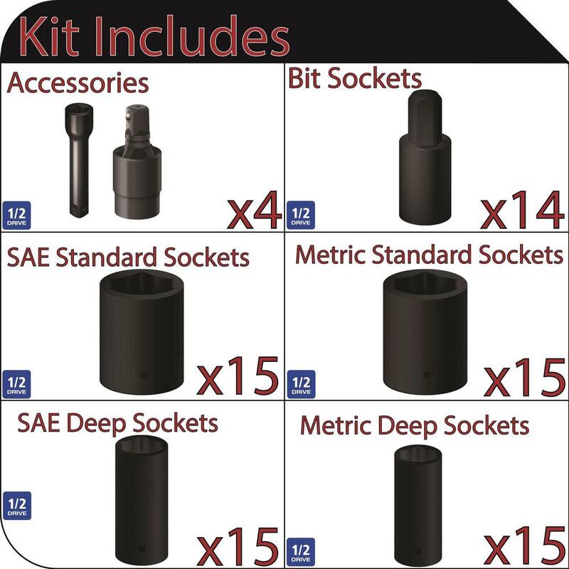 Set de 78 piezas de puntas de impacto de 6 puntos y de 1/2 pulgadas para llave maestra Husky - H2IMPSBS78PC