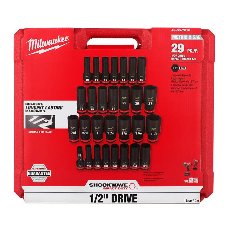 Juego de 58 piezas de dados de impacto de 1/2 pulg. SAE y métricos de 6 puntos Milwaukee SHOCKWAVE - 49-66-7016-49-66-7016
