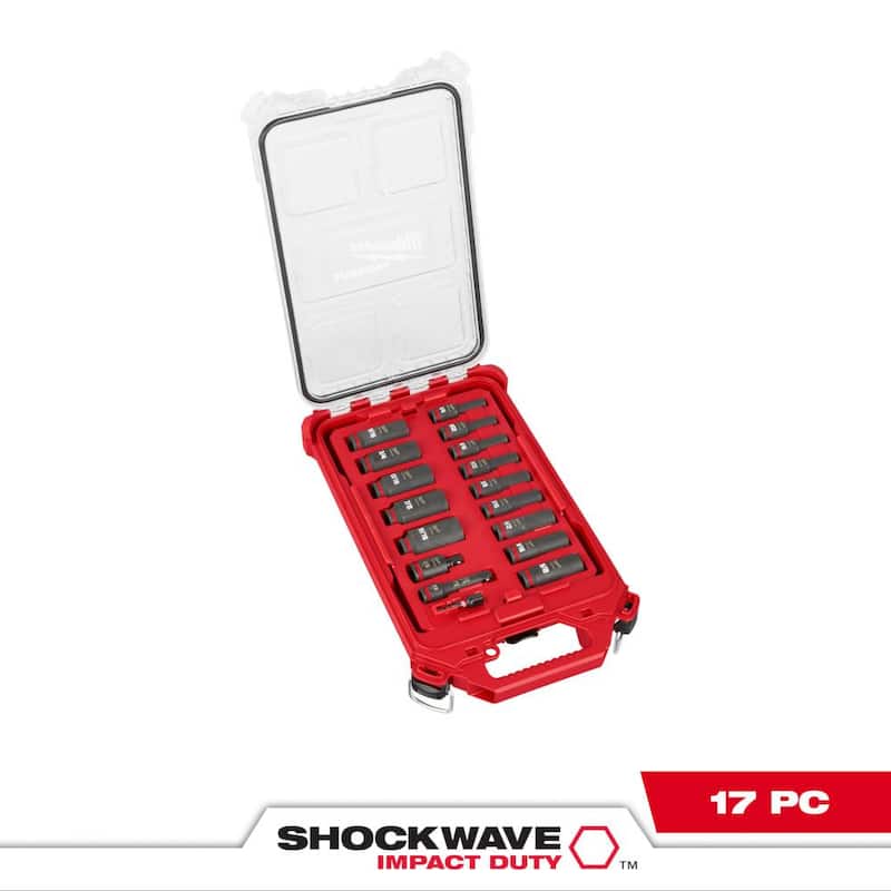 Juego de 17 piezas de llaves de Impacto Milwaukee SHOCKWAVE de 3/8 pulgadas, SAE de Pozo Profundo con Drive PACKOUT - 49-66-6800