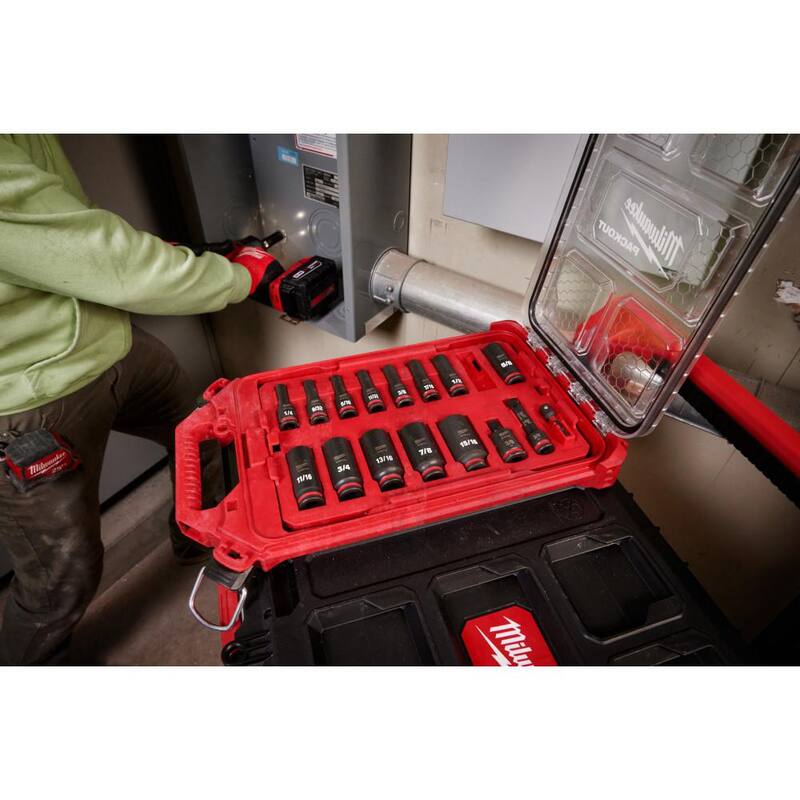 Juego de 17 piezas de llaves de Impacto Milwaukee SHOCKWAVE de 3/8 pulgadas, SAE de Pozo Profundo con Drive PACKOUT - 49-66-6800