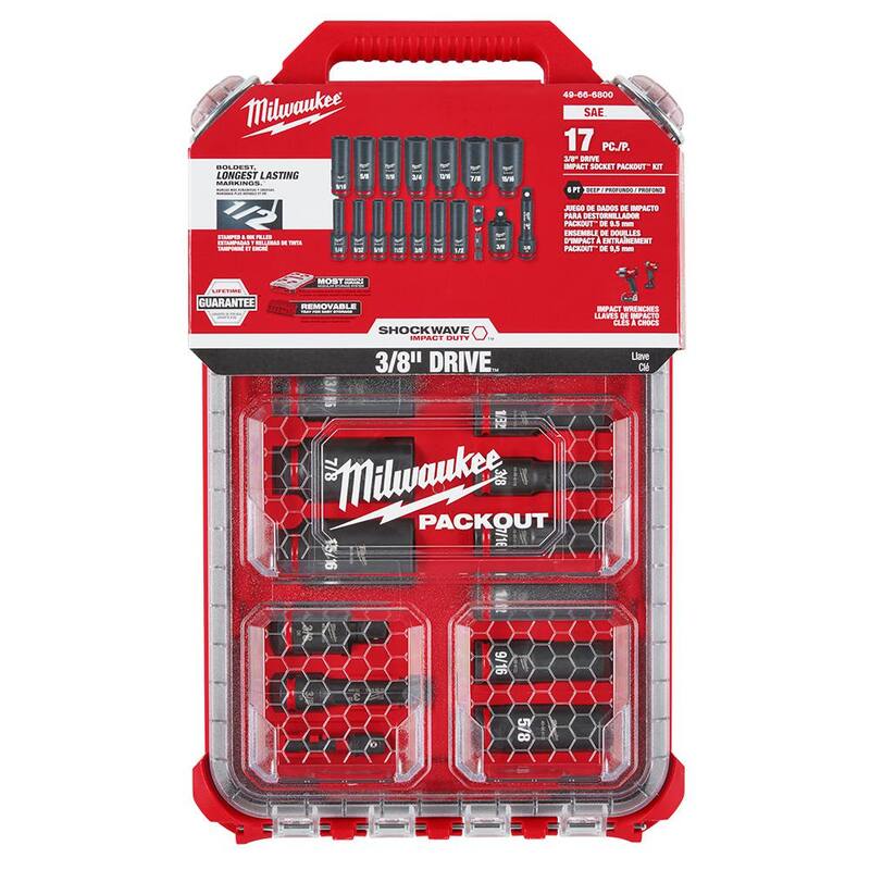 Juego de 17 piezas de llaves de Impacto Milwaukee SHOCKWAVE de 3/8 pulgadas, SAE de Pozo Profundo con Drive PACKOUT - 49-66-6800