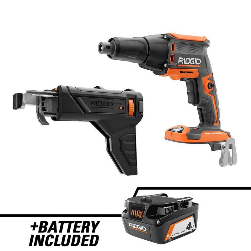 Atornillador inalámbrico para tabla de yeso RIDGID 18V sin escobillas con accesorio de carga con batería de iones de litio de 18V y 4.0 Ah - R86630B-AC87004