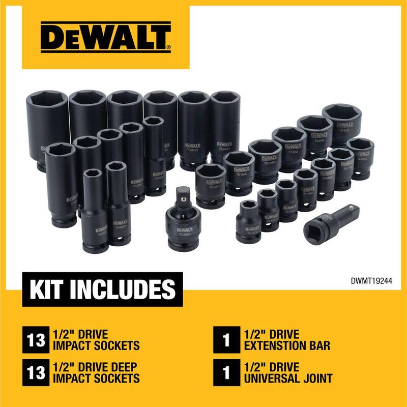 Juego de 28 piezas de copas de impacto DEWALT de 1/2 pulgadas, medida SAE - DWMT19244