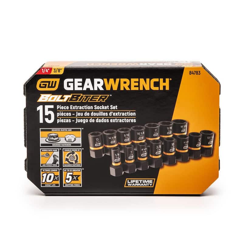 Juego de dados de extracción de impacto GEARWRENCH Bolt Biter de 1/4 y 3/8 pulgadas, SAE/Métrico (15 piezas) - 84783