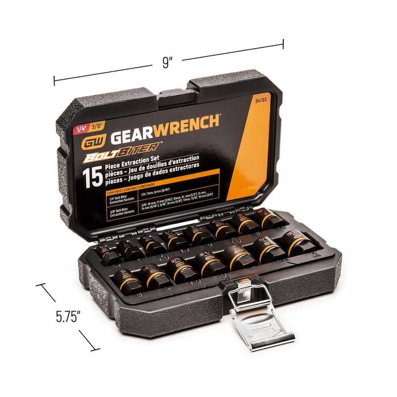 Juego de dados de extracción de impacto GEARWRENCH Bolt Biter de 1/4 y 3/8 pulgadas, SAE/Métrico (15 piezas) - 84783