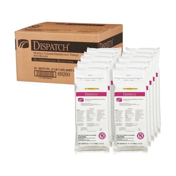 Clorox 69260, Toallitas Desinfectantes y Limpiadoras Dispatch con Blanqueador, 9 x 10, 60, 12PK - CLO69260