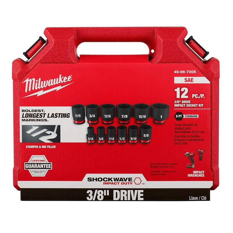 Juego de casquillos de impacto Milwaukee SHOCKWAVE de 3/8 pulgadas, unidad SAE de 6 puntos (juego de 12 piezas) - 49-66-7005