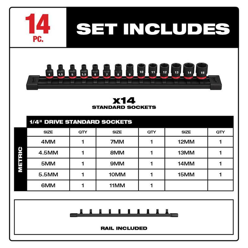 Juego de 14 piezas de vasos de impacto de 6 puntos métricos de 1/4 de pulgada de Milwaukee SHOCKWAVE - 49-66-7002