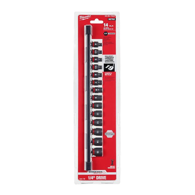 Juego de 14 piezas de vasos de impacto de 6 puntos métricos de 1/4 de pulgada de Milwaukee SHOCKWAVE - 49-66-7002