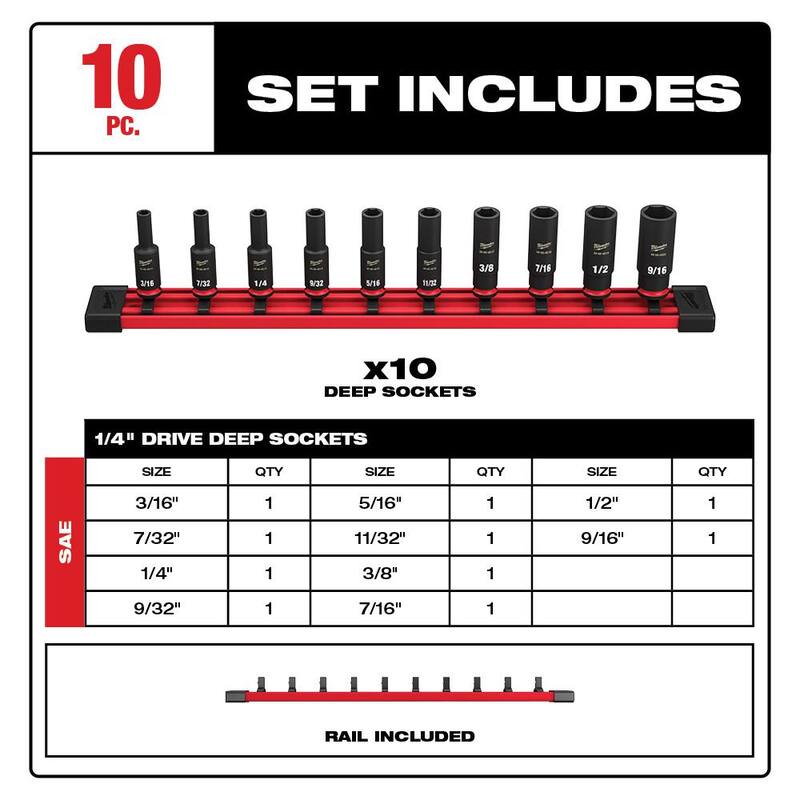 Juego de 10 piezas Milwaukee SHOCKWAVE de 1/4 de pulgada de unidad, dado de impacto punto profundo SAE (10 piezas) - 49-66-7001