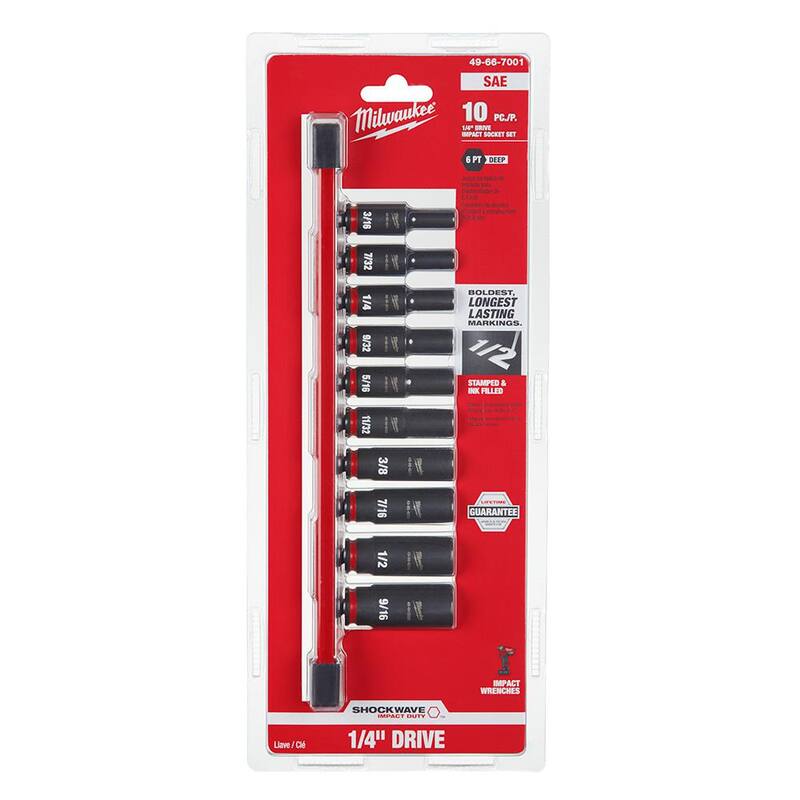 Juego de 10 piezas Milwaukee SHOCKWAVE de 1/4 de pulgada de unidad, dado de impacto punto profundo SAE (10 piezas) - 49-66-7001