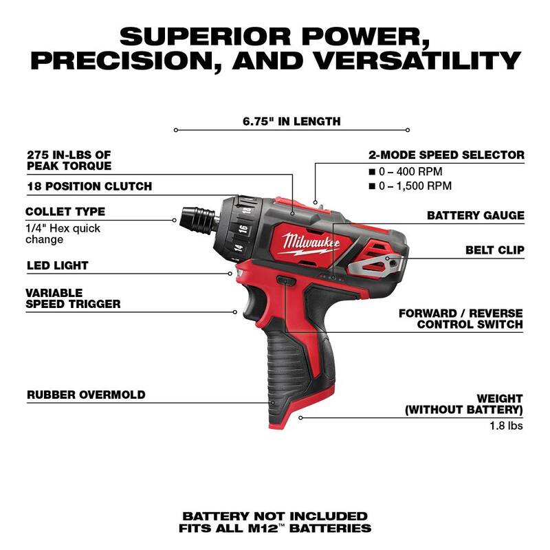 Desarmador inalámbrico Milwaukee M12 de 12 voltios con batería de iones de litio, hexagonal de 1/4 pulgadas y 2 velocidades (Herramienta solamente) - 2406-20.