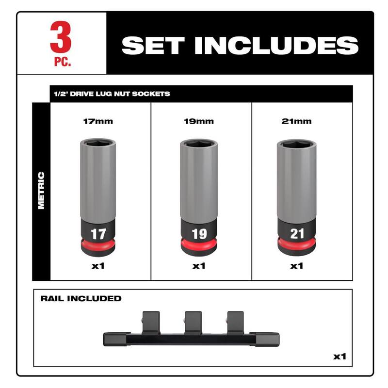 Juego de 3 piezas de encastre profundo para tuercas de llanta métricas Milwaukee SHOCKWAVE Impact-Duty de 1/2 pulgadas - 49-66-7830