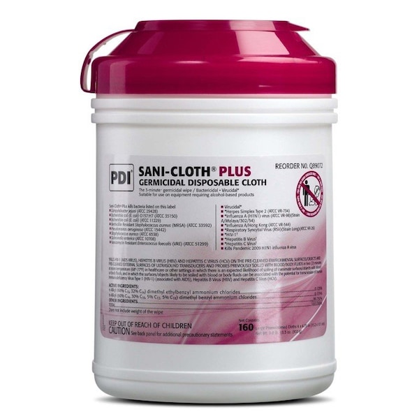 Paño desinfectante germicida Sani-Cloth Plus, limpiador desinfectante en envase no estéril, 6x63/4in, 160PK - Q89072