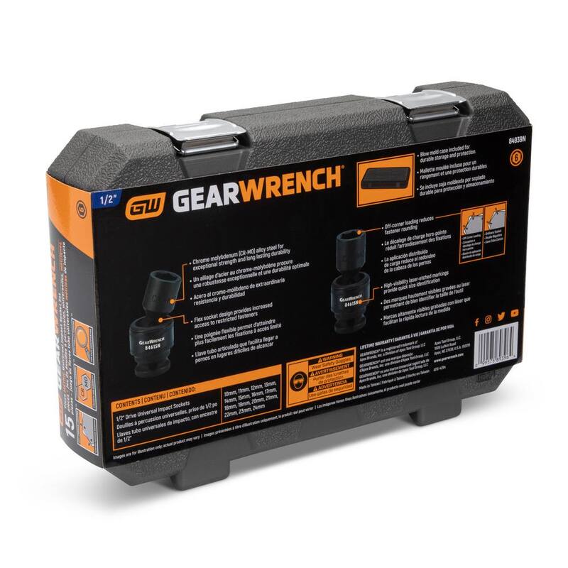 Juego de llaves de impacto universales métricas estándar de 1/2 pulgadas de 6 puntos GEARWRENCH (15 piezas) - 84939N