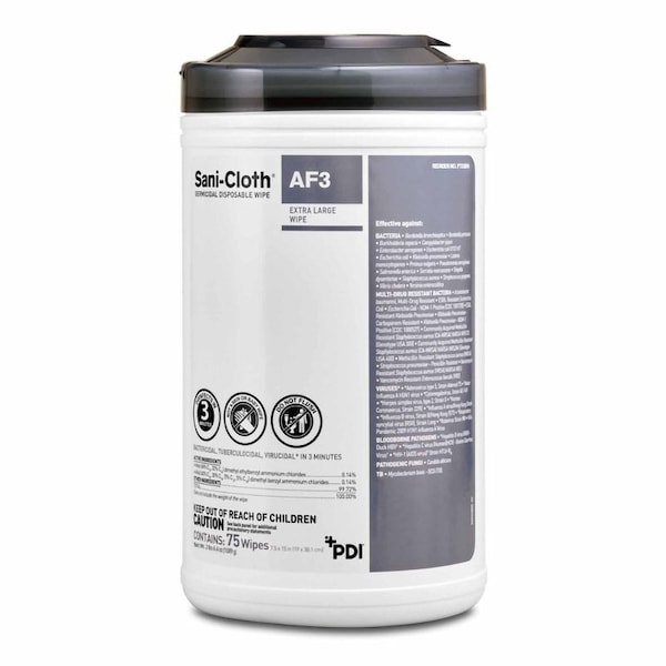 Sani-Cloth Af3 Limpiador Desinfectante de Superficies en Canister de Toallitas Húmedas, Germicida, No Estéril, 75 unidades - P72584