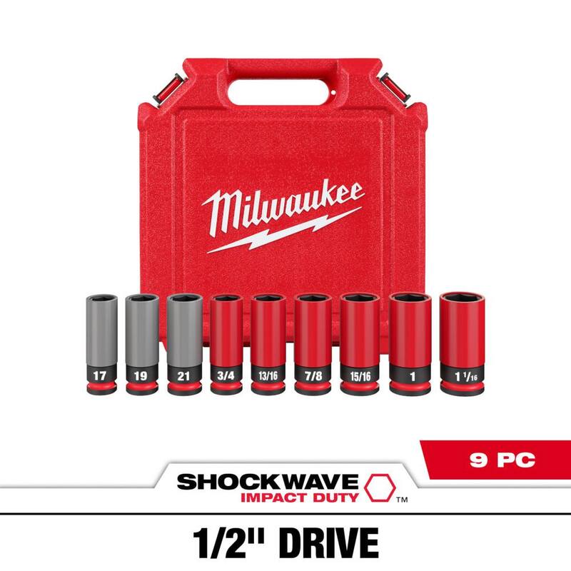 Juego de llaves de impacto Milwaukee SHOCKWAVE Impact-Duty de 1/2 pulgadas con medidas estándar y métricas para tuercas de rueda (9 piezas) - 49-66-7832