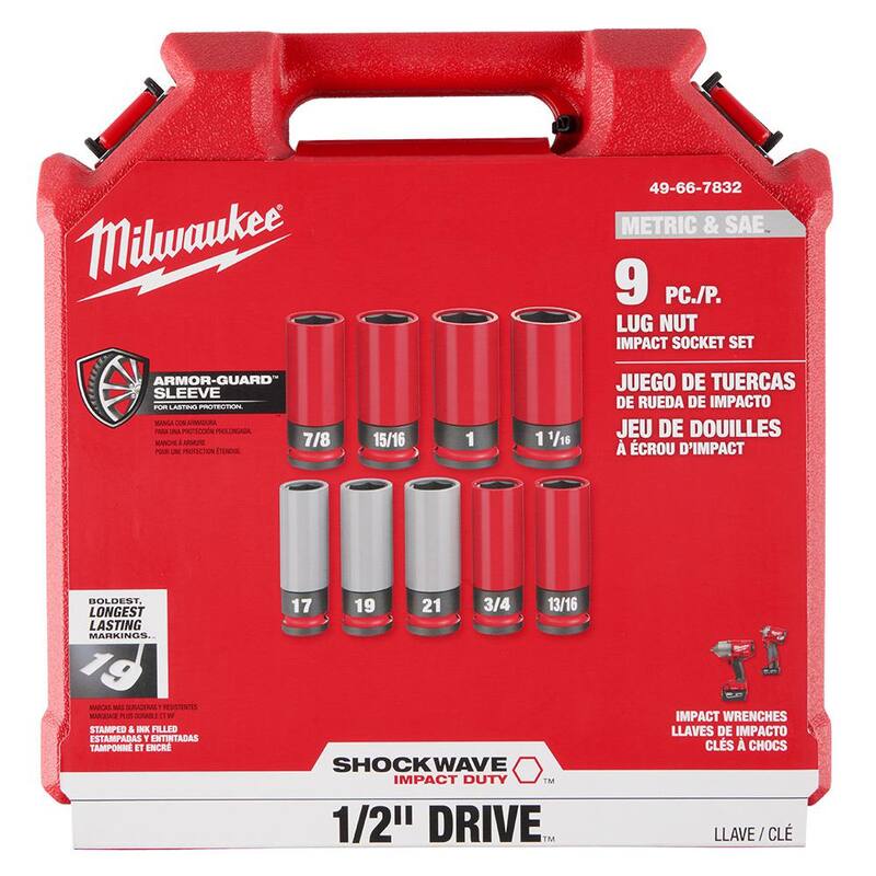 Juego de llaves de impacto Milwaukee SHOCKWAVE Impact-Duty de 1/2 pulgadas con medidas estándar y métricas para tuercas de rueda (9 piezas) - 49-66-7832