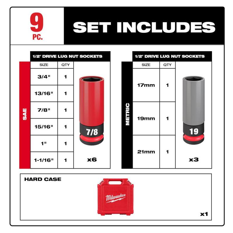 Juego de llaves de impacto Milwaukee SHOCKWAVE Impact-Duty de 1/2 pulgadas con medidas estándar y métricas para tuercas de rueda (9 piezas) - 49-66-7832