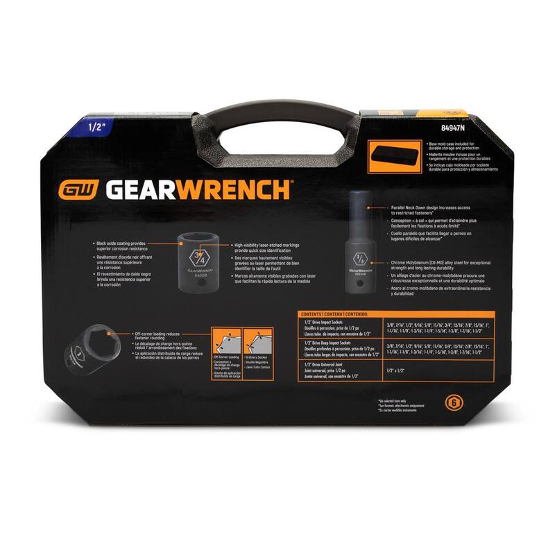 Juego de 39 piezas de puntas de impacto estándar y profundo de 1/2 pulgadas de 6 puntos SAE de GEARWRENCH - 84947N