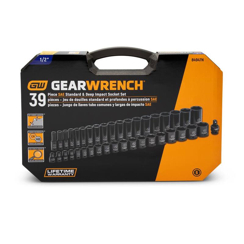 Juego de 39 piezas de puntas de impacto estándar y profundo de 1/2 pulgadas de 6 puntos SAE de GEARWRENCH - 84947N