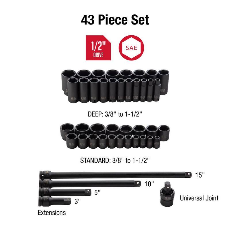 Juego de llaves de impacto maestras Sunex Tools de 1/2 pulgadas, con medidas en sistema estándar (43 piezas) - 2568