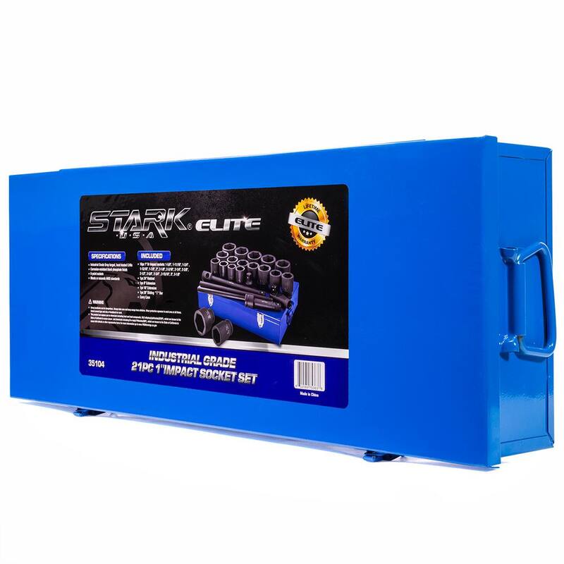 Juego de 21 piezas de dados de impacto profundos de 1 pulgada, de acero Cr-Mo, de 6 puntos en medidas estándar SAE con barras de extensión y estuche (Stark Jumbo 1 in. Drive 6-Point Cr-Mo Steel SAE Deep Impact Socket Set with Extension Bars and Carrying Case) - 35104-H1.