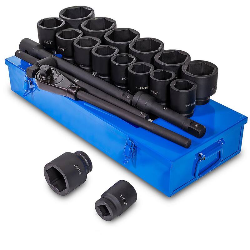 Juego de 21 piezas de dados de impacto profundos de 1 pulgada, de acero Cr-Mo, de 6 puntos en medidas estándar SAE con barras de extensión y estuche (Stark Jumbo 1 in. Drive 6-Point Cr-Mo Steel SAE Deep Impact Socket Set with Extension Bars and Carrying Case) - 35104-H1.