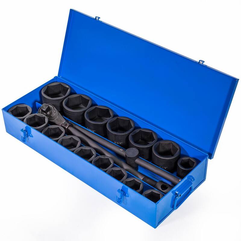 Juego de 21 piezas de dados de impacto profundos de 1 pulgada, de acero Cr-Mo, de 6 puntos en medidas estándar SAE con barras de extensión y estuche (Stark Jumbo 1 in. Drive 6-Point Cr-Mo Steel SAE Deep Impact Socket Set with Extension Bars and Carrying Case) - 35104-H1.