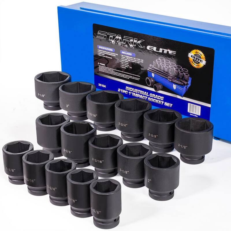 Juego de 21 piezas de dados de impacto profundos de 1 pulgada, de acero Cr-Mo, de 6 puntos en medidas estándar SAE con barras de extensión y estuche (Stark Jumbo 1 in. Drive 6-Point Cr-Mo Steel SAE Deep Impact Socket Set with Extension Bars and Carrying Case) - 35104-H1.