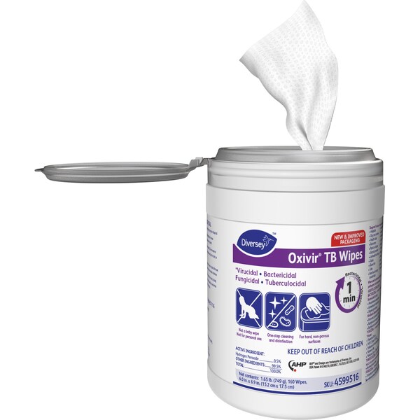 Diversey Oxivir Tb Toallitas, Paquete de 160 Unidades de 6" de Ancho x 7" de Largo, Color Blanco - DVO4599516CT