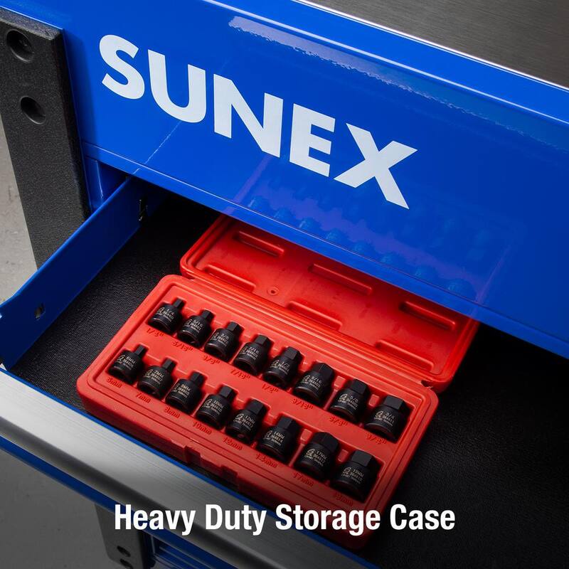 Herramientas SUNEX 3/8 pulgadas Drive Stubby Impact Hex Driver SAE y Juego Métrico (16 piezas) - 3646