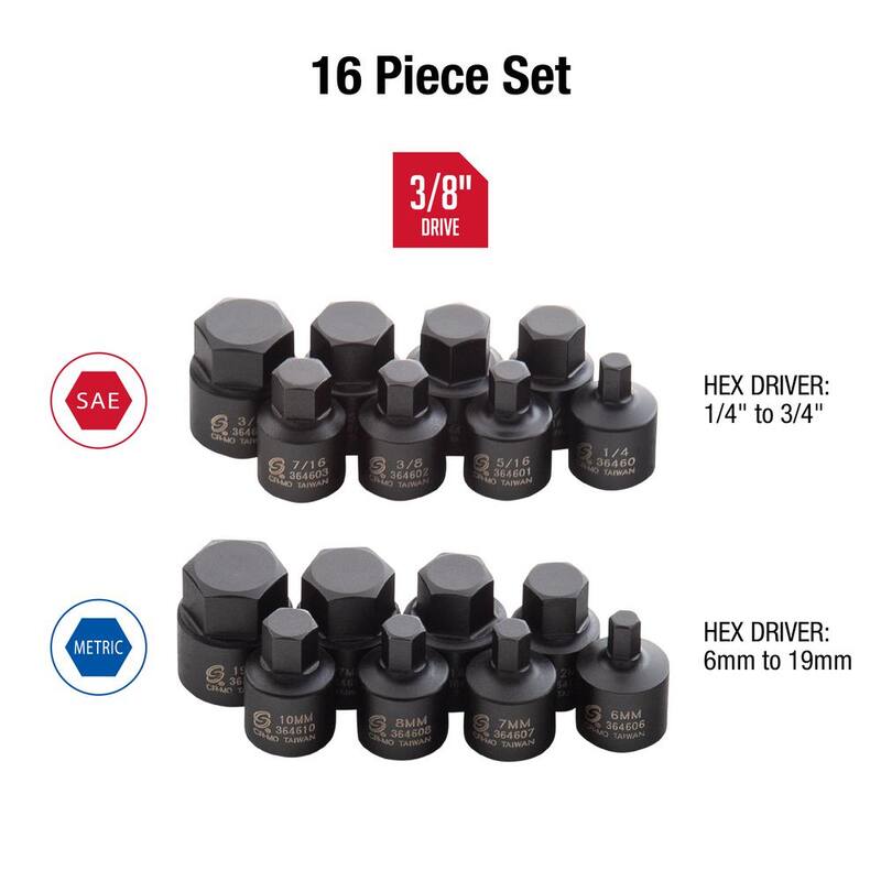Herramientas SUNEX 3/8 pulgadas Drive Stubby Impact Hex Driver SAE y Juego Métrico (16 piezas) - 3646