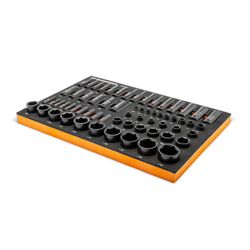 Juego de 63 piezas de vasos de impacto estándar y profundos de puntos de 6 para llaves de 1/4, 3/8 y 1/2 pulgadas de GEARWRENCH con bandeja de almacenamiento de espuma EVA (SAE)