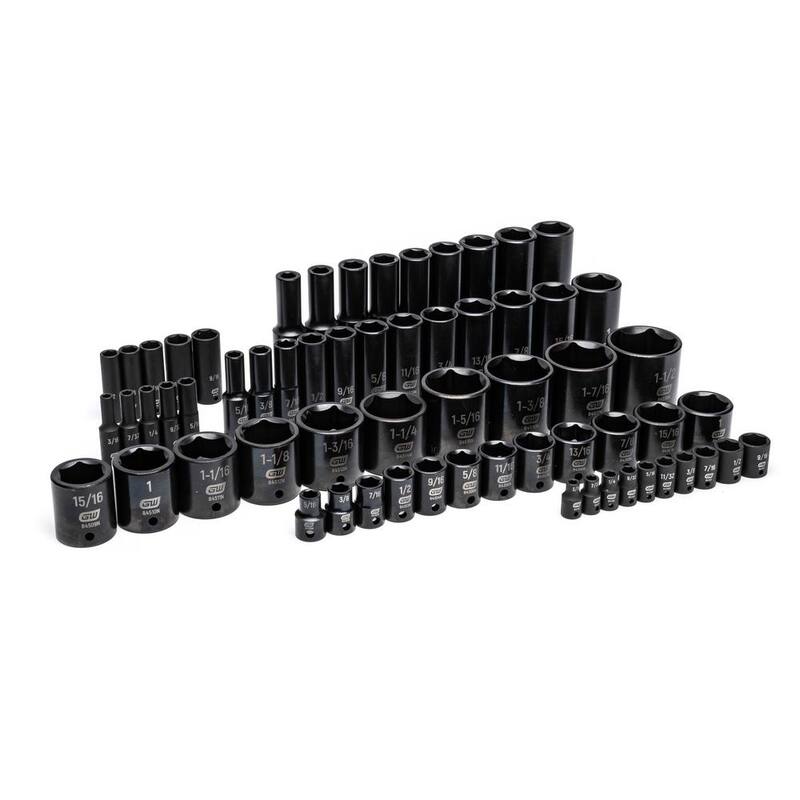 Juego de 63 piezas de vasos de impacto estándar y profundos de puntos de 6 para llaves de 1/4, 3/8 y 1/2 pulgadas de GEARWRENCH con bandeja de almacenamiento de espuma EVA (SAE)