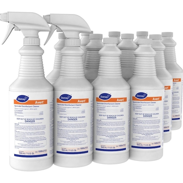 Diversey Avert Limpiador Desinfectante Esporicida, 32 fl oz (1 cuarto) Cloro, Amarillo, 12 PK - DVO100842725