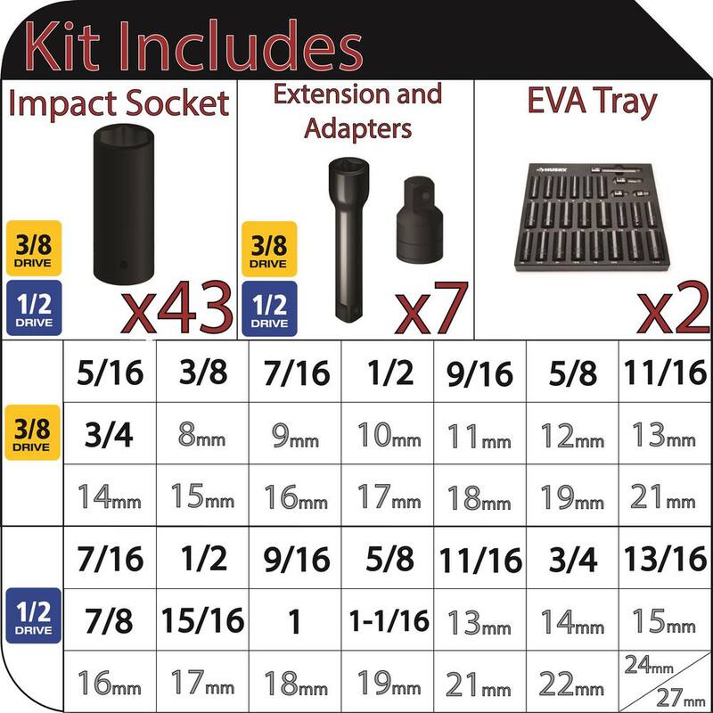 Juego de sockets de impacto Husky de 3/8 pulg. y 1/2 pulg. con bandejas de almacenamiento de EVA (50 piezas) - H50ISSEVACB