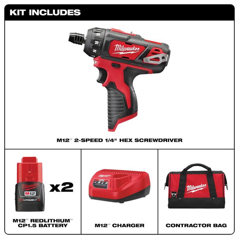 Milwaukee M12 12V Taladro inalámbrico de iones de litio de 1/4 de pulgada con juego de destornillador de 2 velocidades con dos baterías de 1.5 Ah y bolsa - 2406-22.