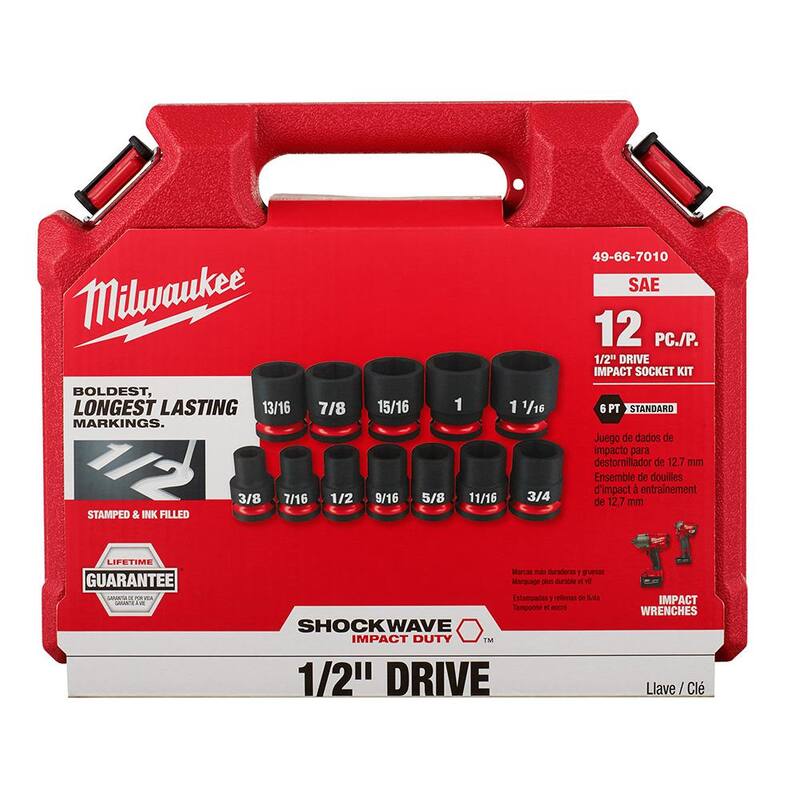 Juego de 12 piezas de dados de impacto Milwaukee SHOCKWAVE de 1/2 pulg. de accionamiento SAE de 6 puntas - 49-66-7010