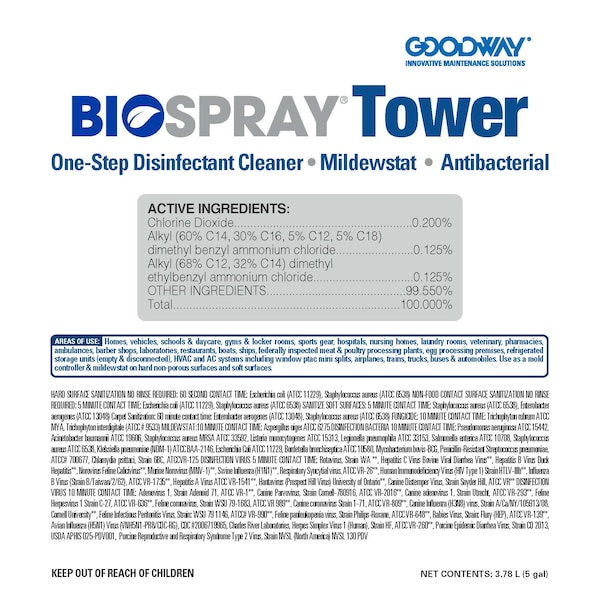 Desinfectante y sanitizante registrado por EPA de Goodway Technologies para aplicaciones de HVAC, pail de 5 galones - BIOSPRAY-TOWER-5