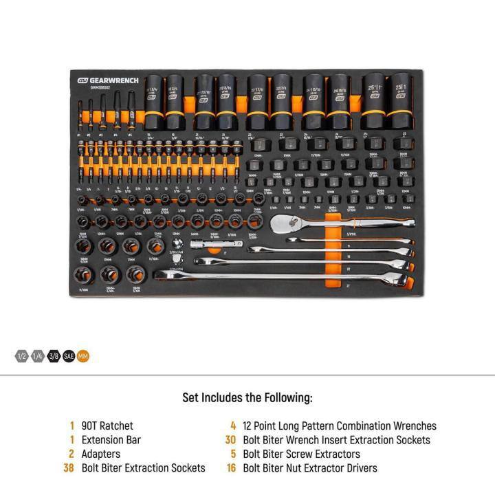 Juego de Llaves de Extracción GEARWRENCH Bolt Biter de 1/4, 3/8 y 1/2 pulg. de Impulsión SAE/Métrico con Bandeja de Almacenamiento de Espuma EVA (97 Piezas) - GWMSBBS02