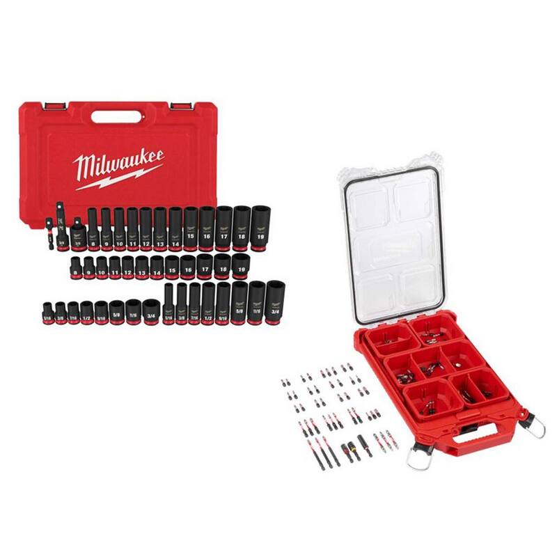 Juego de llaves de impacto Milwaukee Shockwave de 3/8 pulg. con medidas en sistema métrico y estándar de 6 puntos y juego de puntas para llave de impacto en estuche Packout (133 piezas) - 49-66-7009-48-32-5157