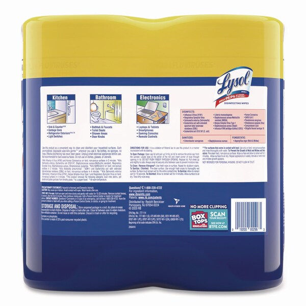 Toallitas Desinfectantes Lysol, Envase, Aroma a Limón y Flor de Lima, Blanco, 2 PK - 19200-80296