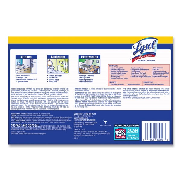 Toallitas Desinfectantes Lysol, Envase, Aroma a Limón y Flor de Lima, Blanco, 2 PK - 19200-80296