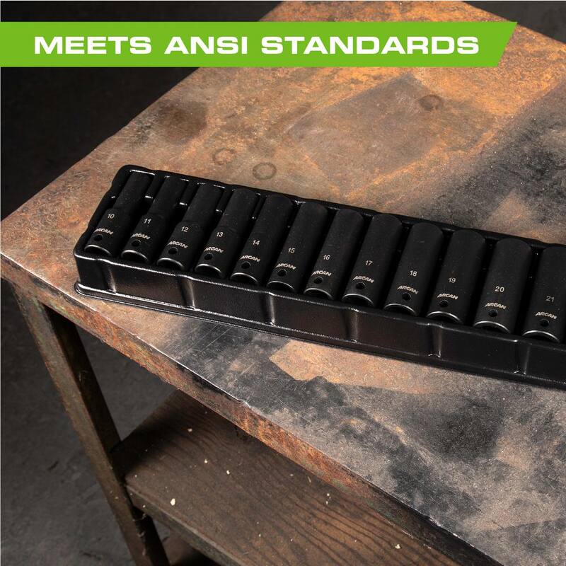 Juego de dados de impacto profundos métricos Arcan 15 Pc., 1/2 in. Dr., Cr-V - AS21215MD