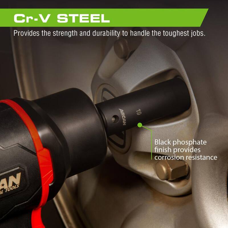 Juego de dados de impacto profundos métricos Arcan 15 Pc., 1/2 in. Dr., Cr-V - AS21215MD