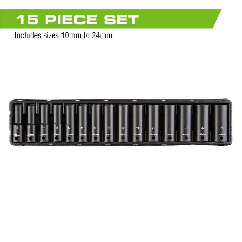 Juego de dados de impacto profundos métricos Arcan 15 Pc., 1/2 in. Dr., Cr-V - AS21215MD
