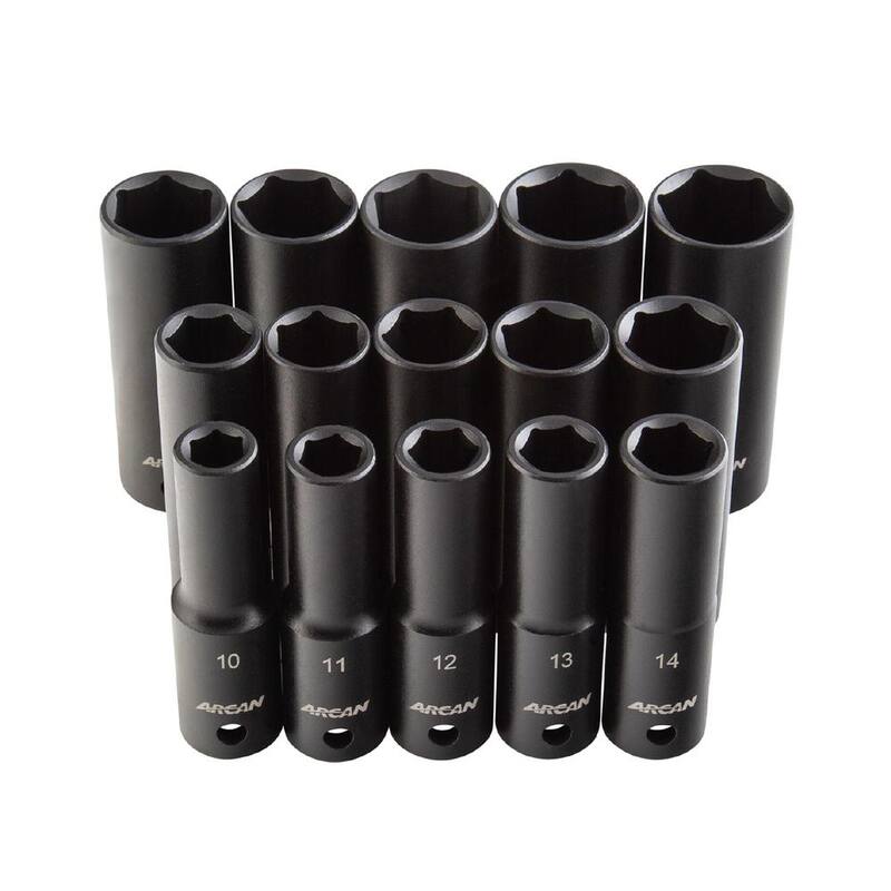 Juego de dados de impacto profundos métricos Arcan 15 Pc., 1/2 in. Dr., Cr-V - AS21215MD